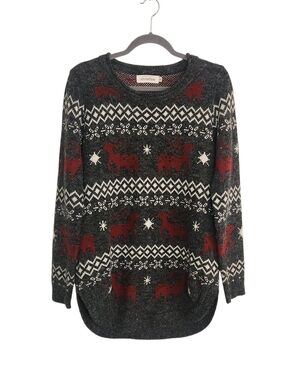 Shineflow Charcoal Gray and Burgundy Reindeer Fair Isle Tunic Sweater Size Small